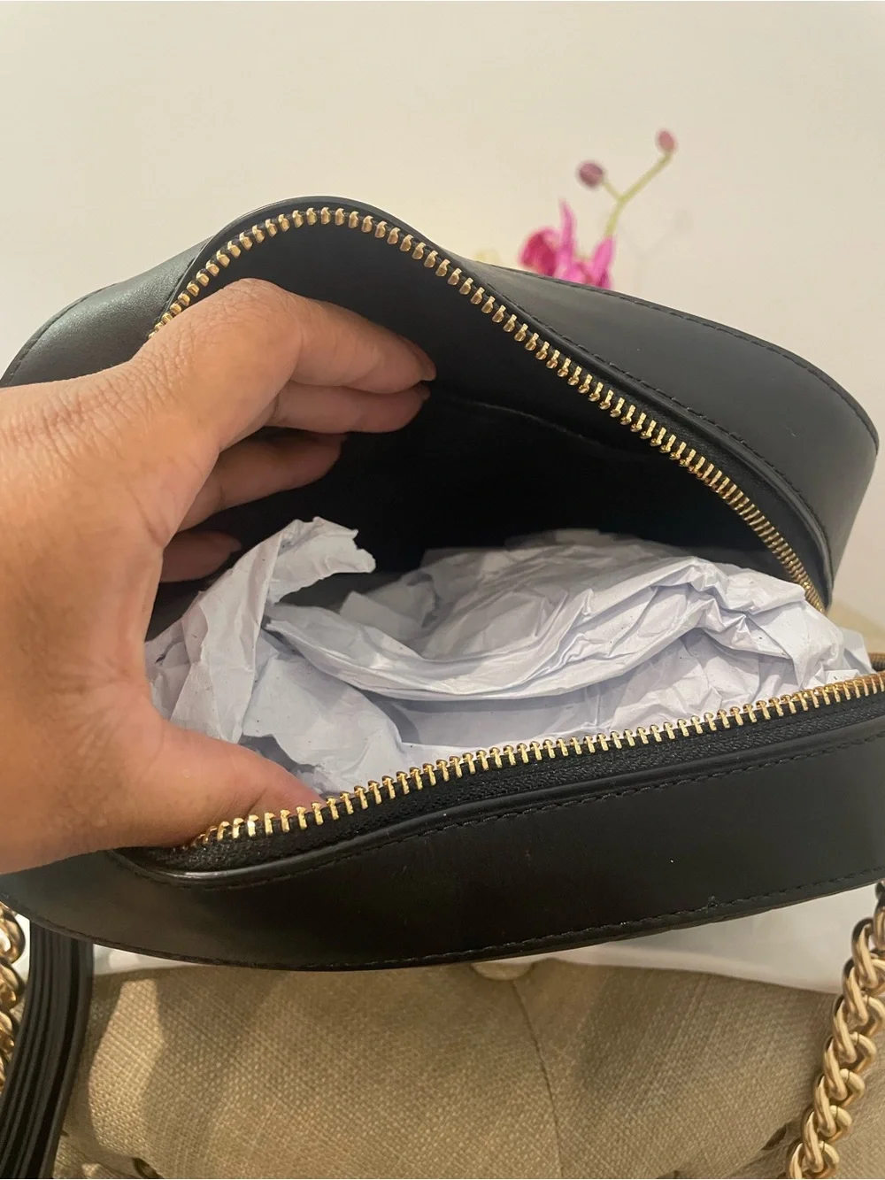 Coach Black Embossed Leather Camera Crossbody with Gold Chain